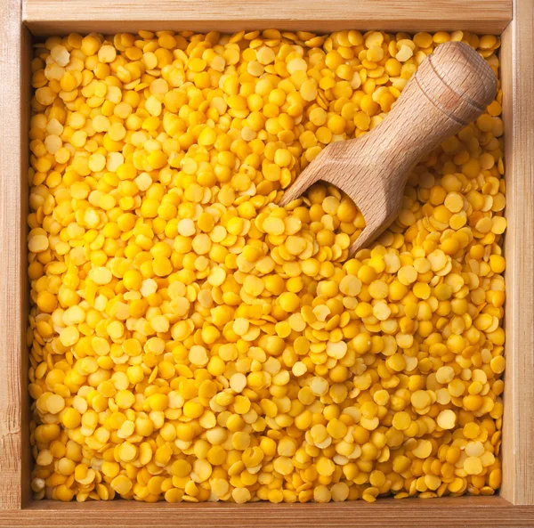 Wooden box full of yellow split lentils — Stock Photo, Image