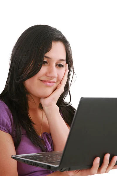 Picture of pensive woman with laptop computer — Stock Photo, Image