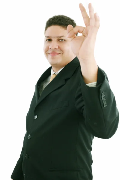 Caucasian man ok hand sign gesture studio portrait on isolated w — Stock Photo, Image