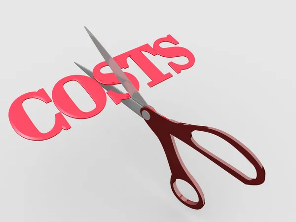 Pair of scissors cuts business expense word COSTS in half to sav — Stock Photo, Image