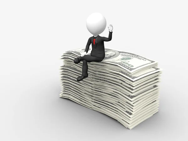 3d бизнесмен сидит на вершине стопки долларов с поднятием руки — стоковое фото