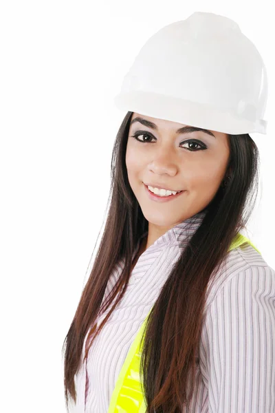 흰색 배경에 고립 된 흰색 헬멧에 엔지니어 여자 — 스톡 사진