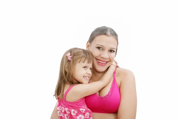 Portrait of Hispanic pregnant woman with daughter isolated over — Stock Photo, Image