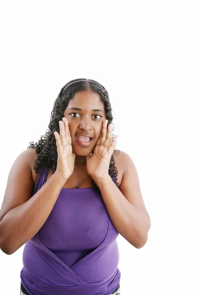 Emocionado asustado, aterrorizado mujer negra, joven africana chica sorpri —  Fotos de Stock