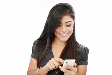 Portrait of a happy young business woman texting from her cellph clipart