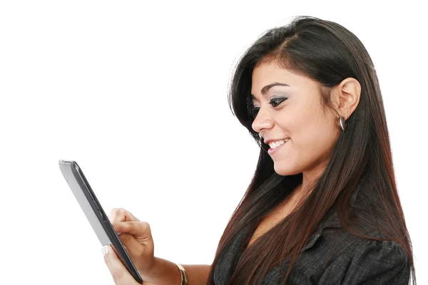 Imagen de la mujer feliz con la computadora de la tableta PC — Foto de Stock