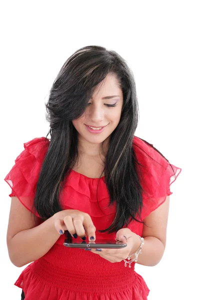 Μικρά χαμογελαστή γυναίκα των επιχειρήσεων με υπολογιστή δισκίο. απομονώνονται σε w — Φωτογραφία Αρχείου
