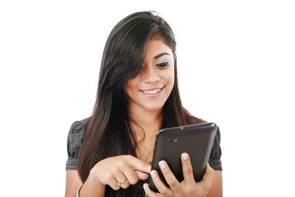 Mulher segurando computador tablet isolado em fundo branco. trabalho — Fotografia de Stock