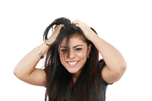 Portret młodej kobiety sfrustrowany wyciągając włosy nad whi — Zdjęcie stockowe