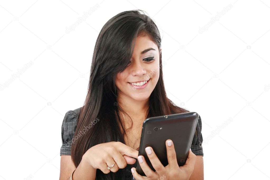 Woman holding tablet computer isolated on white background. work