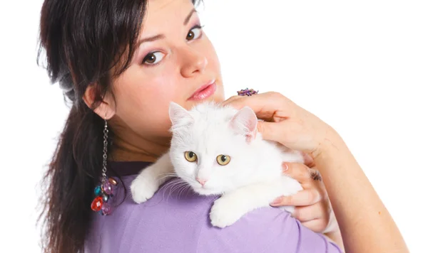 stock image Young woman hold white cat.