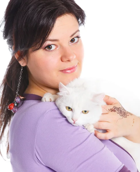 stock image Young woman hold white cat.