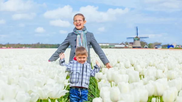 Bambino nel campo dei tulipani viola — Foto Stock