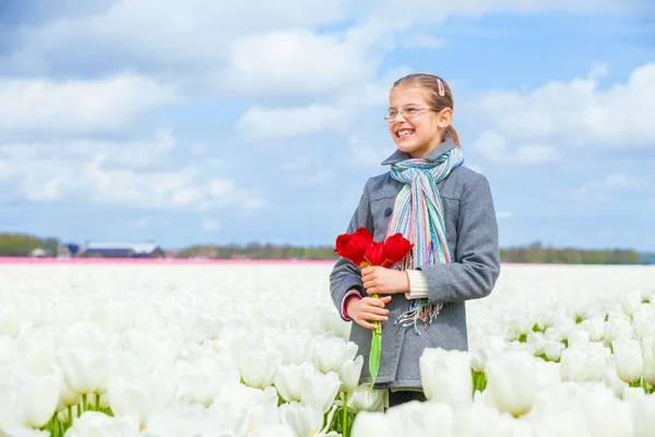 Meisje op het gebied van de paarse tulpen — Stockfoto