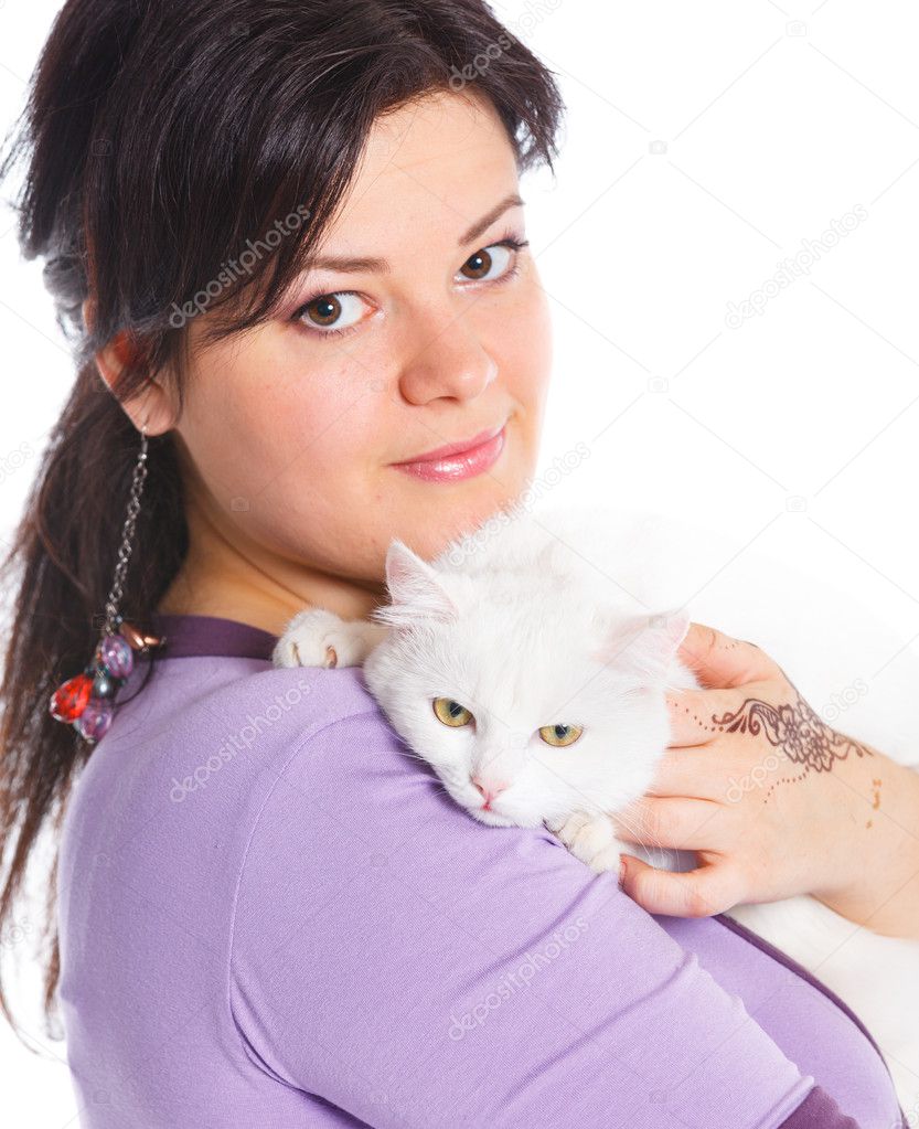 Young woman hold white cat.