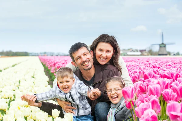 Família se divertindo no campo de tulipas — Fotografia de Stock