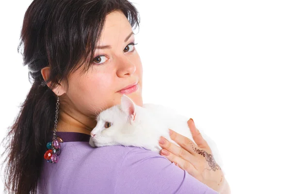 Joven mujer hold blanco gato . —  Fotos de Stock