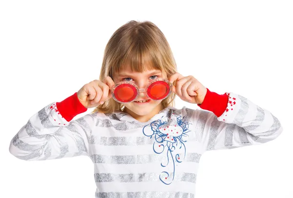Vonzó lány piros szemüveg — Stock Fotó