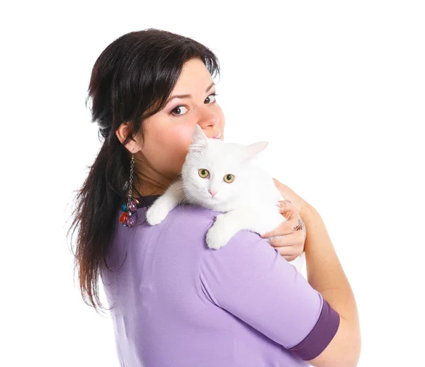 stock image Young woman hold white cat.