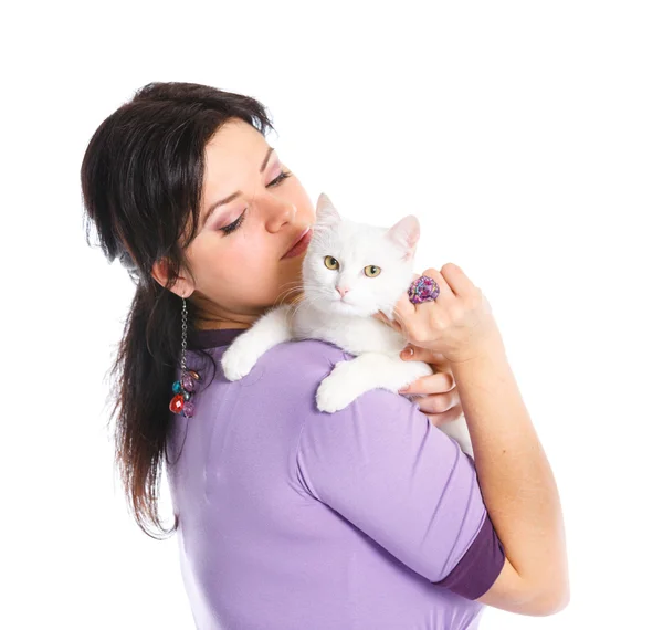 Stock image Young woman hold white cat.