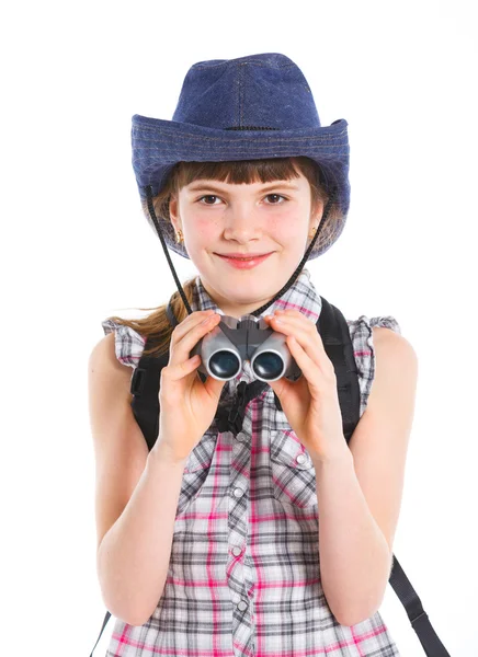 Dospívající dívka s binokulární — Stock fotografie