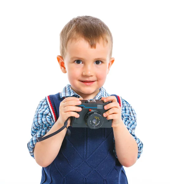 Lycklig pojke med kamera — Stockfoto