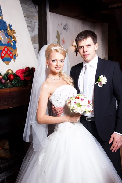Belo noivo e noiva no interior — Fotografia de Stock