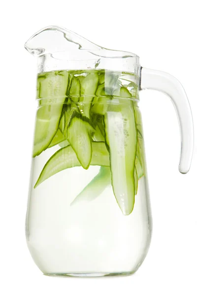 stock image Refreshing water with cucumber on isolated white