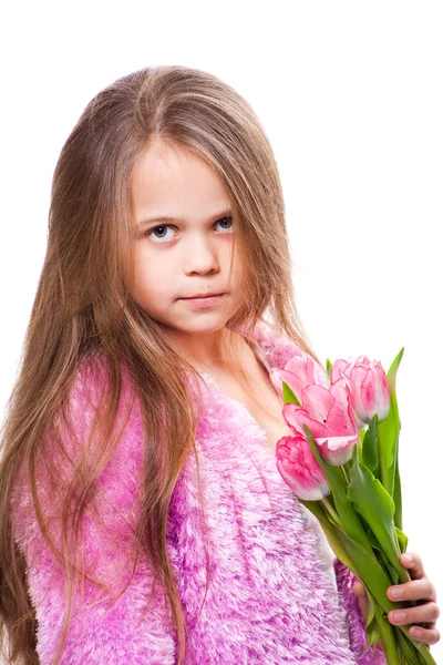 Beautiful little girl with bouquet of pink tulips isolated on white — Stock Photo, Image