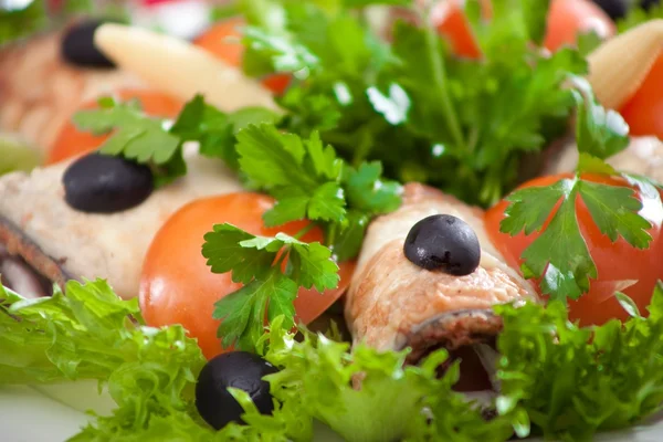 Doldurulmuş patlıcan ve domates ve zeytin salatası — Stok fotoğraf