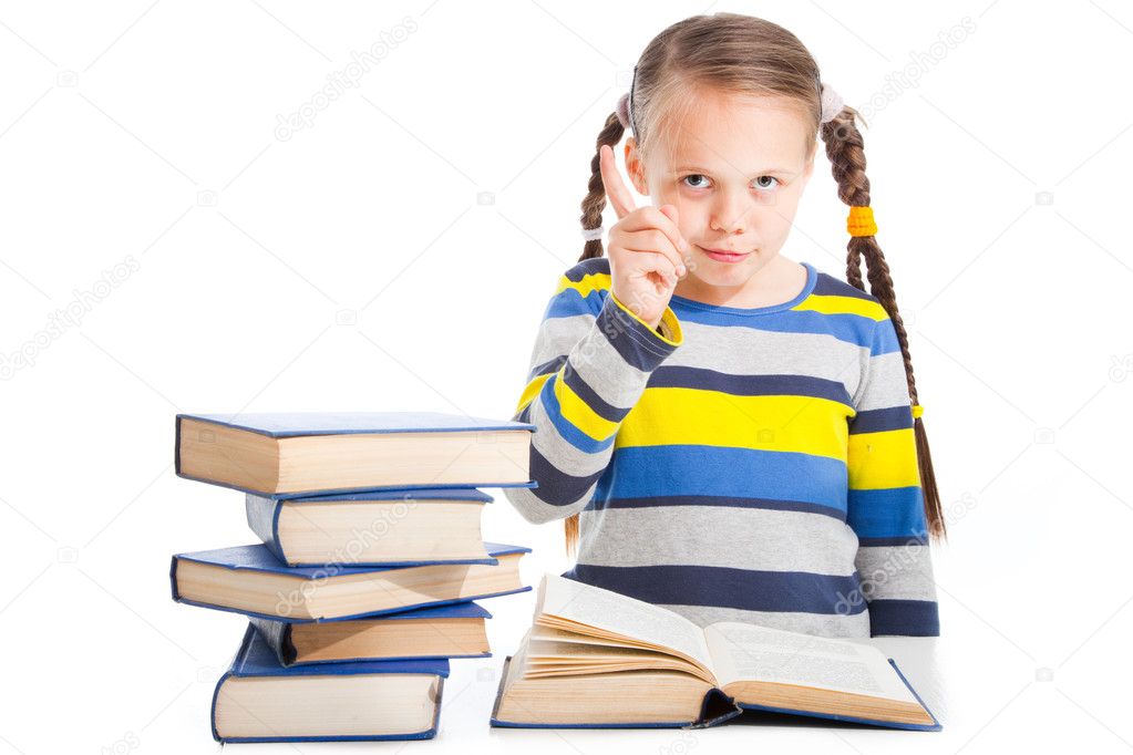 Girl with books shaking finger on isolated white