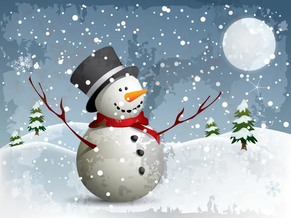 Snowman in a full moon night background — Stock Vector