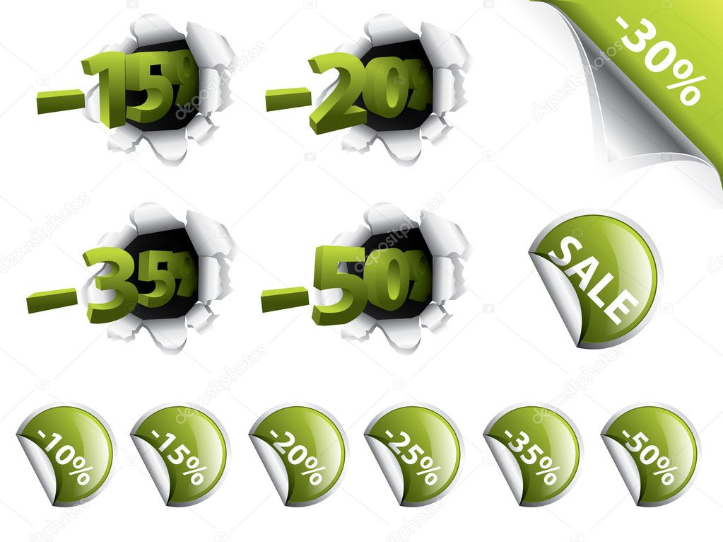 Set of green discount stickers, corners, 3d tags