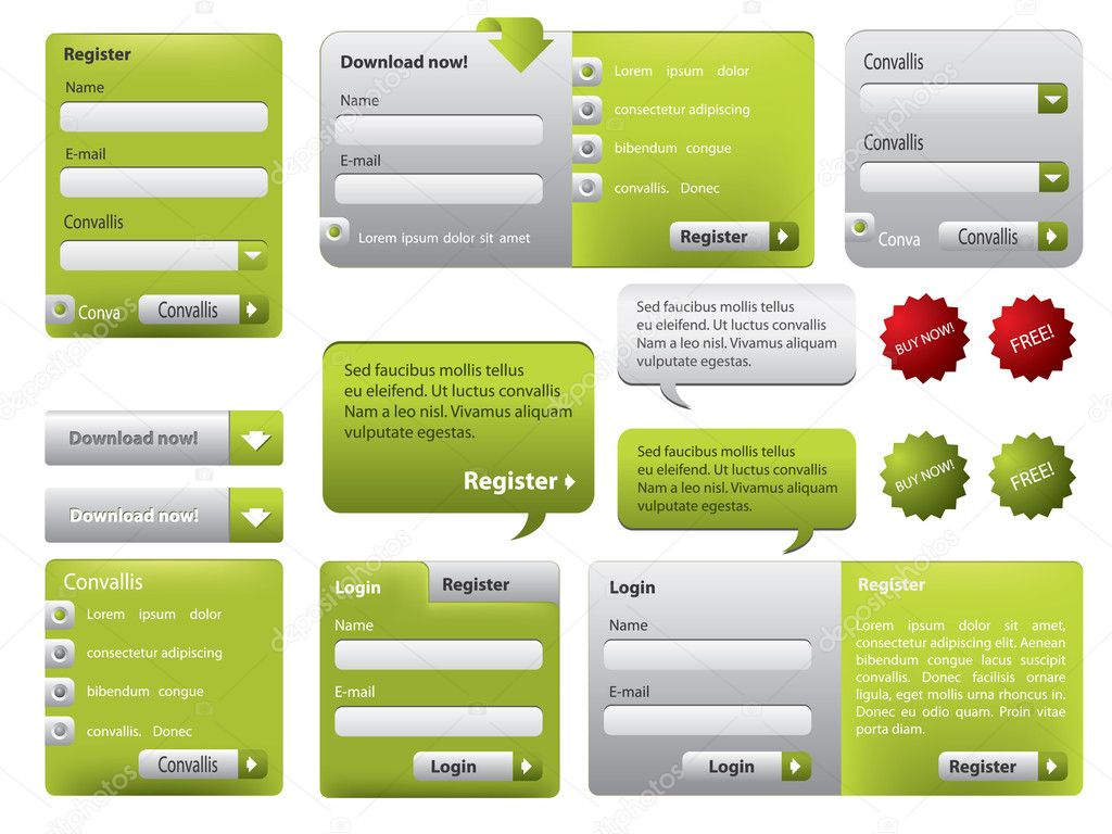 Green website form set with buttons