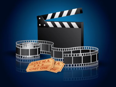 Twisted moviefilm, tickets and clapper board- blue background clipart