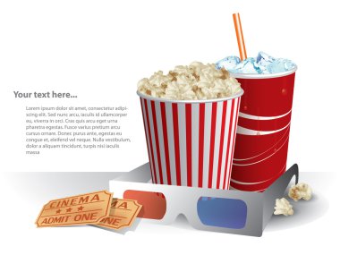 3d movie glasses with popconr and soda clipart