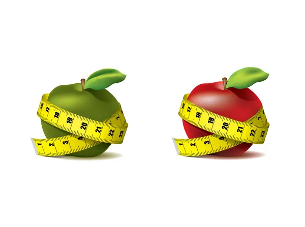 Čerstvé červené a zelené jablko s měřící páska na bílém - vektor — Stockový vektor