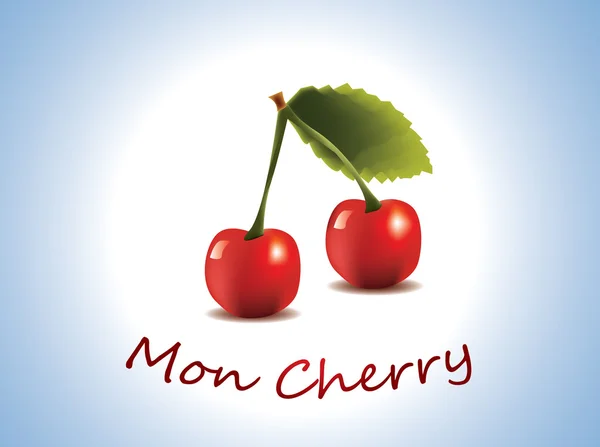 Mon Cherry - fruta fresca de cereza sobre fondo azul — Vector de stock
