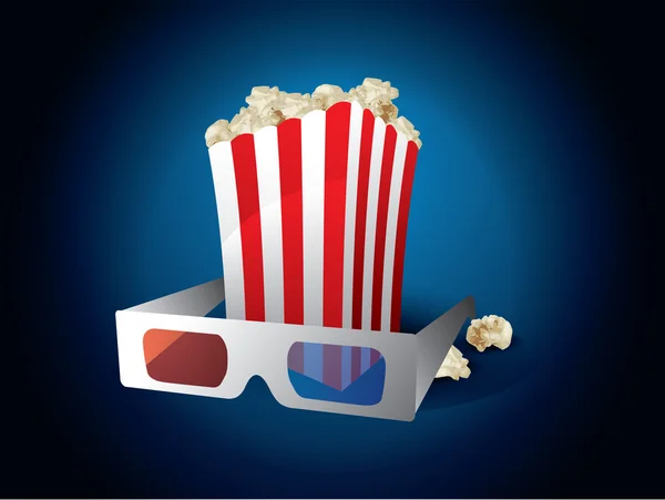 3D-film med popcorn på blå bakgrund — Stock vektor