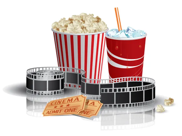 Popcorn, boisson et bande de film — Image vectorielle