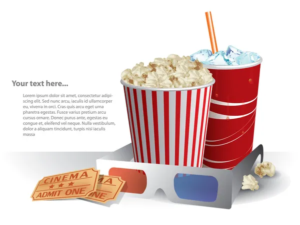 Lunettes de film 3D avec popconr et soda — Image vectorielle