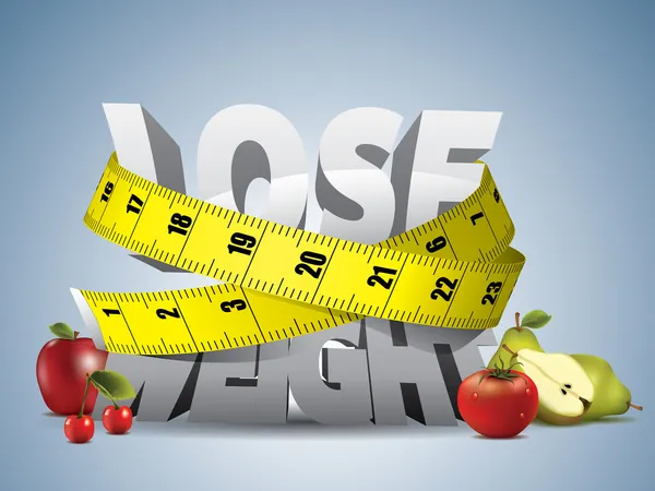 Perder peso texto com fita métrica e frutas Ilustração De Stock