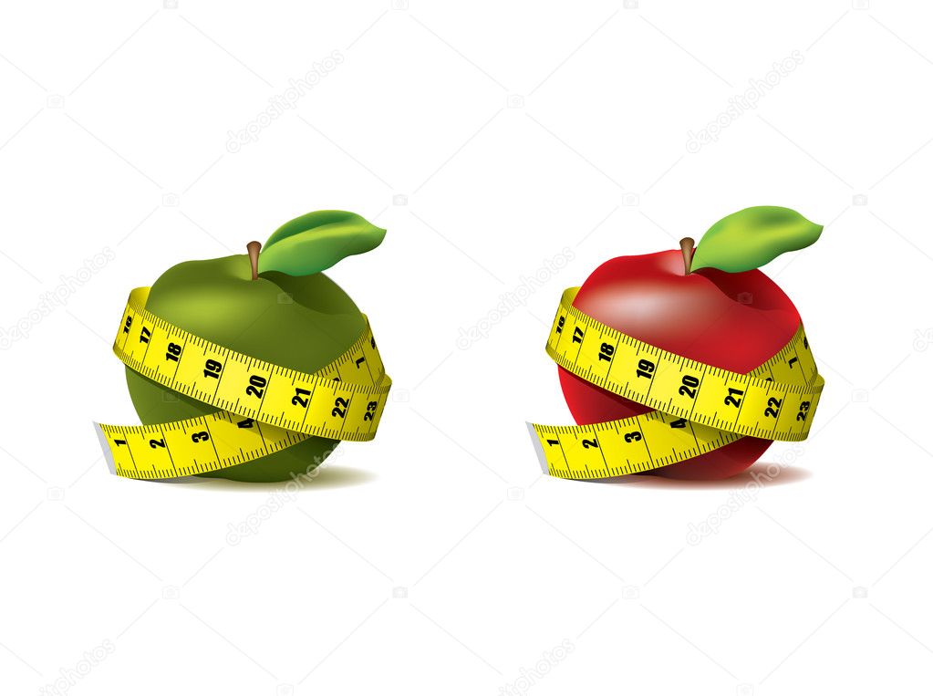 Fresh red and green apple with measuring tape on white - vector