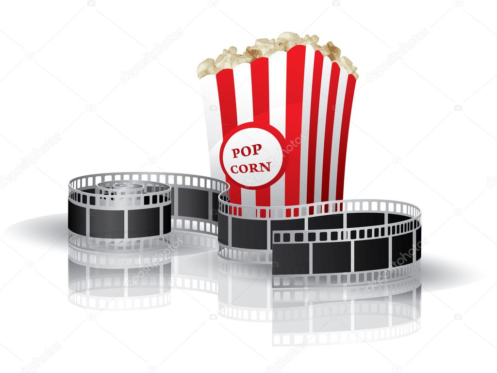 Twisted film for movie and popcorn on white background