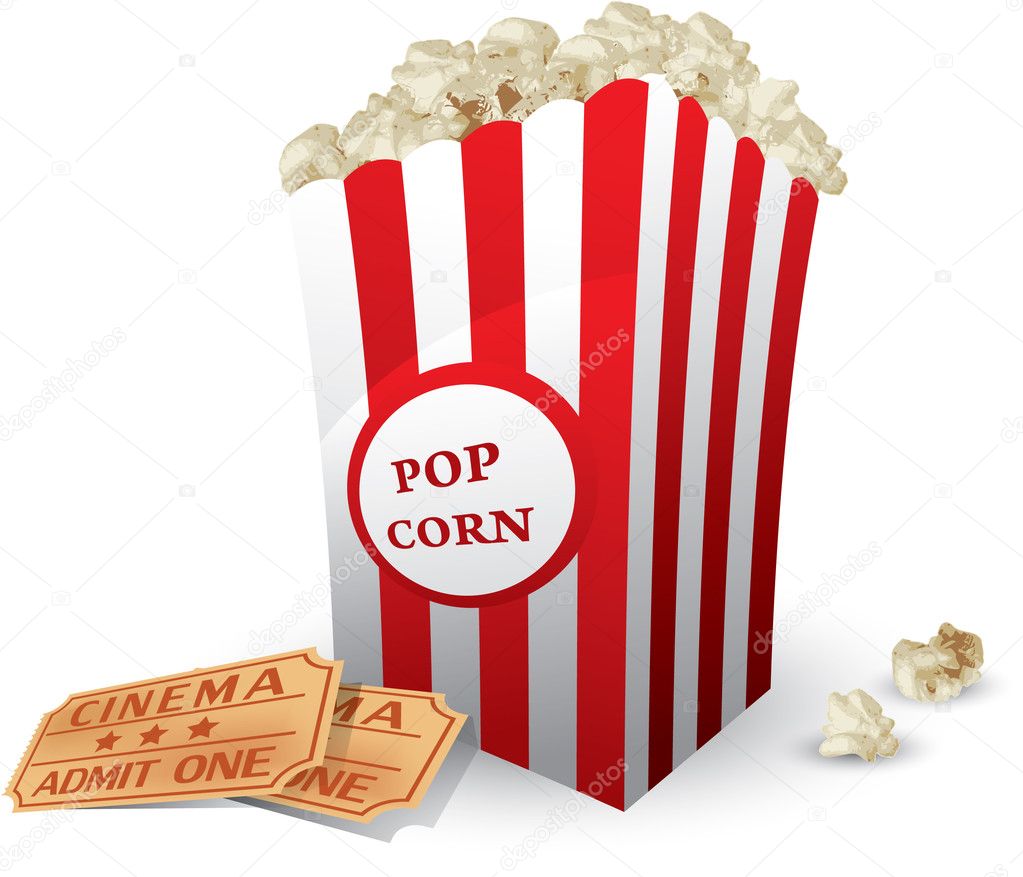 Box with popcorn and movie tickets