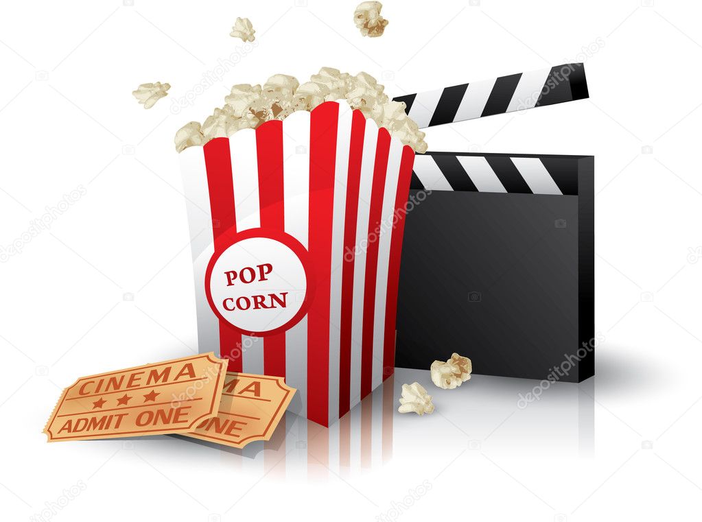 Popcorn and movie tickets with clapper board on white