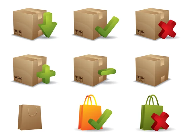 Caja de comercio electrónico e iconos de bolsa de compras — Vector de stock
