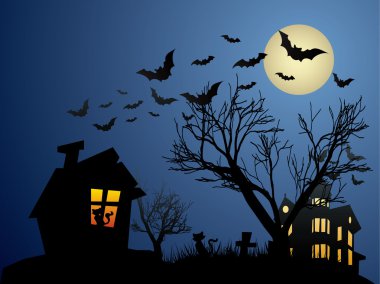 Halloween background with haunted house, bats and pumpkin clipart