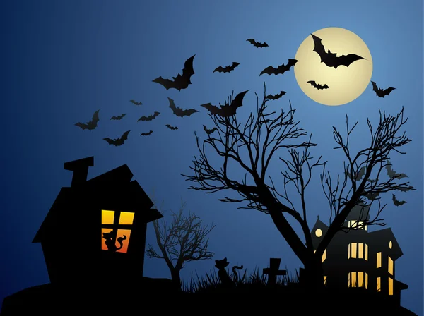 Fondo de Halloween con casa embrujada, murciélagos y calabaza — Vector de stock