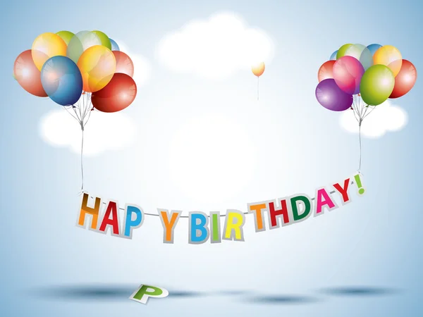 Texto de aniversário feliz com balões coloridos — Vetor de Stock